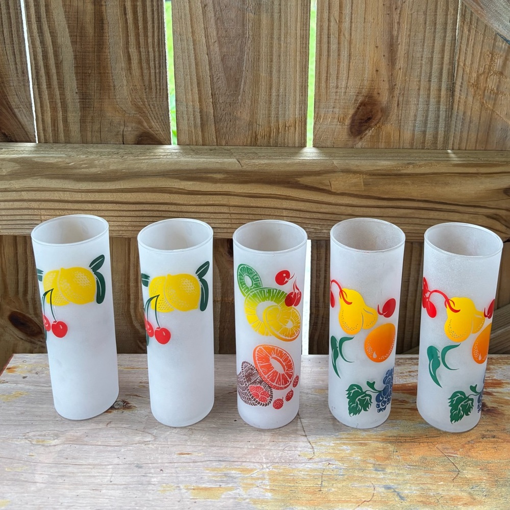 Set of 5 Vintage Frosted Federal Glass Tall Collins Fruit Glasses 13oz